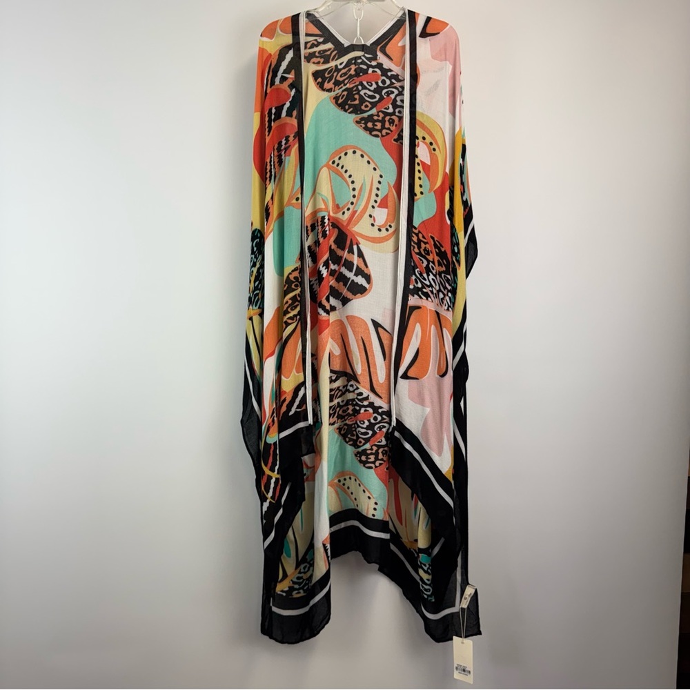 Comfyluxe Black‎ & Coral Floral Sheer Cover-Up Kimono One Size NWT
